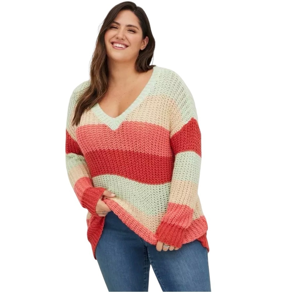 Torrid Striped V-Neck Chunky Knit Sweater 3X Pastel Colorblock Cozy NWT
